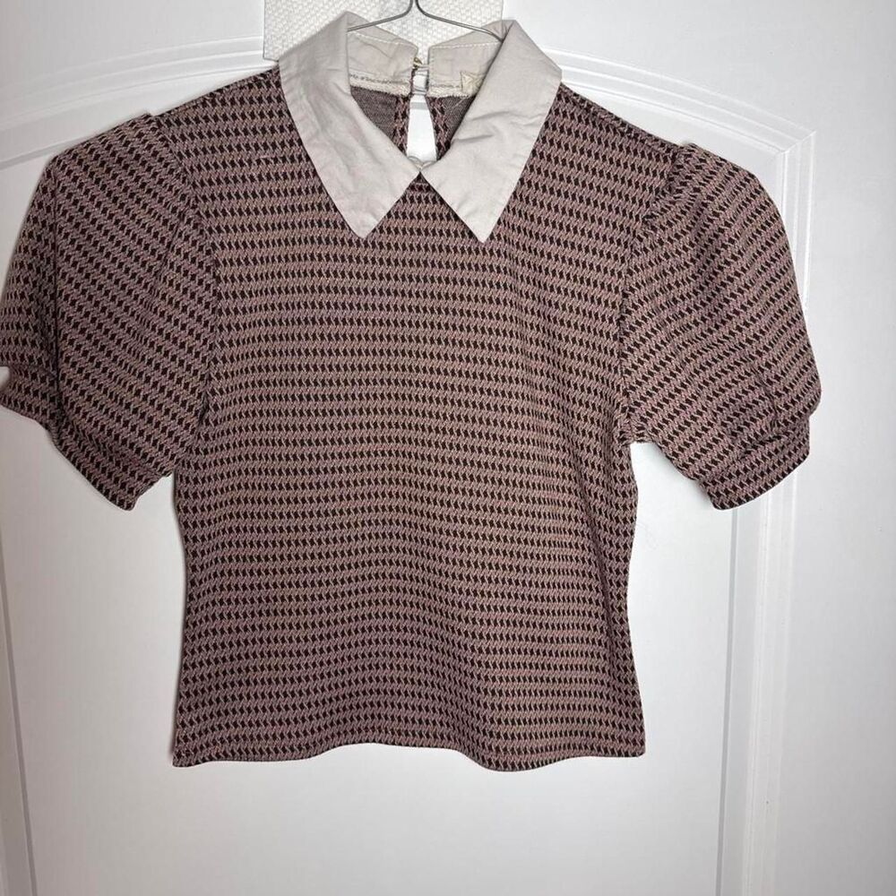 Meraki Brown Pink Houndstooth Collared Crop Top Size Small